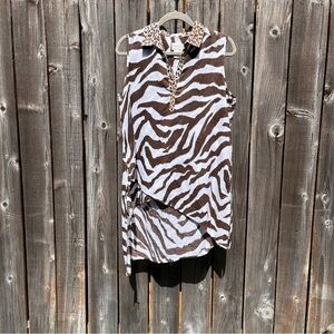 Chico’s brown sleeveless asymmetrical animal print linen tunic medium